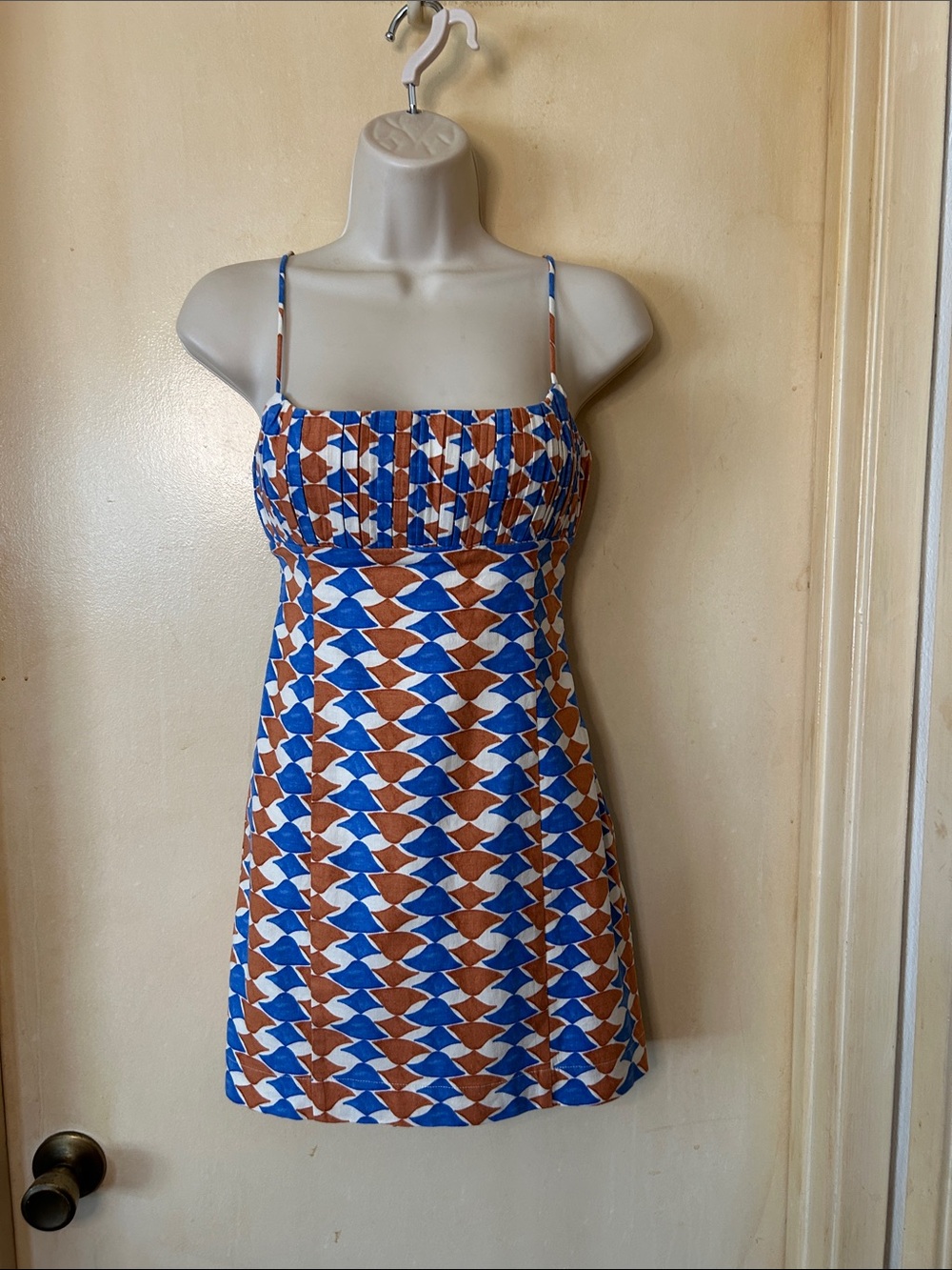 Anthropologie Maeve Blue, Brown & Ivory Geometric Mini Dress size 0